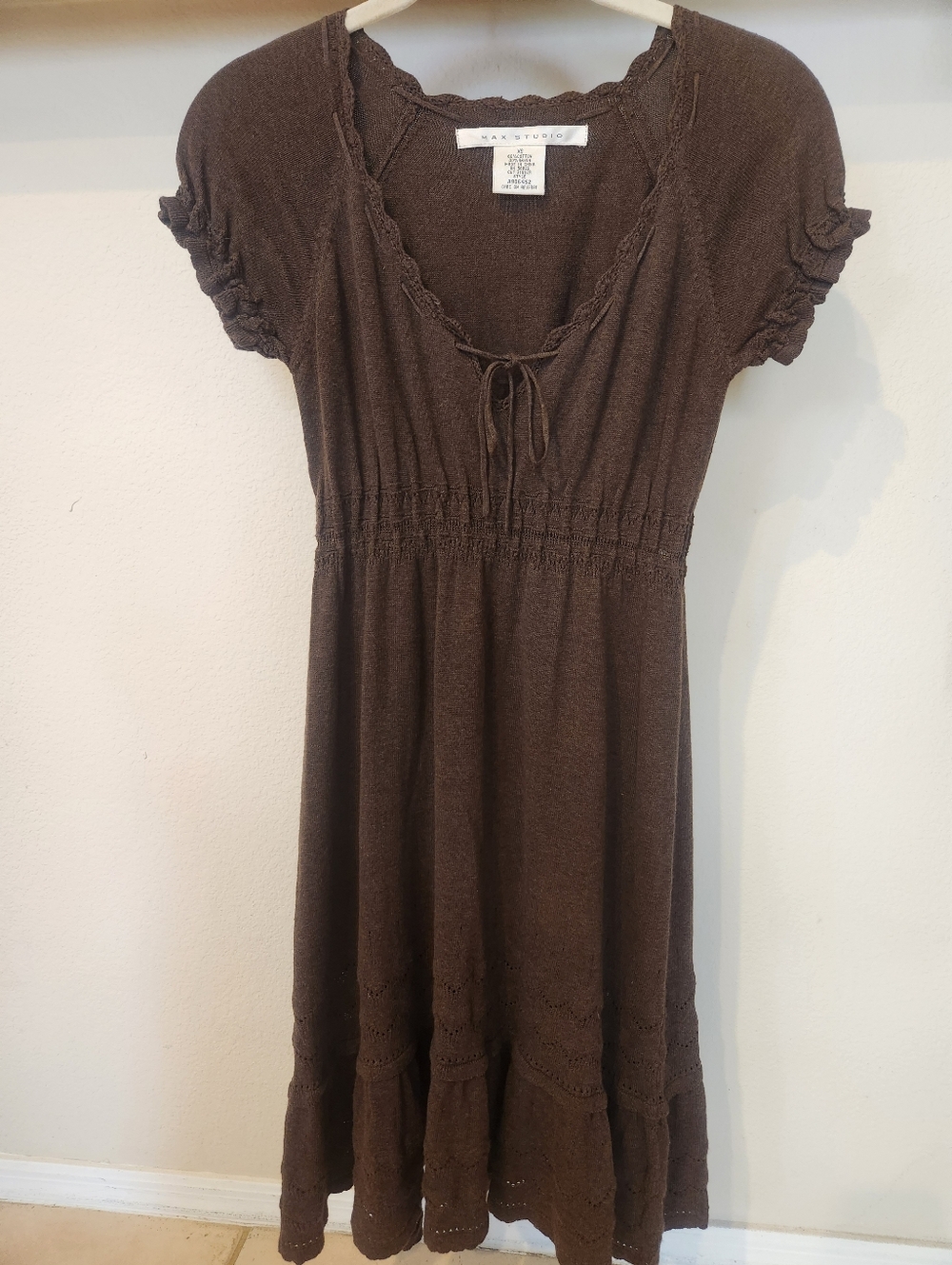 Max Studio Chocolate Brown Knit Midi Dress with Tie Neck
